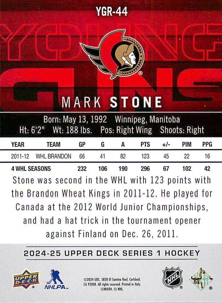 2024-25 UD Series 1 - Mark Stone - Young Guns Renewed #YGR-44