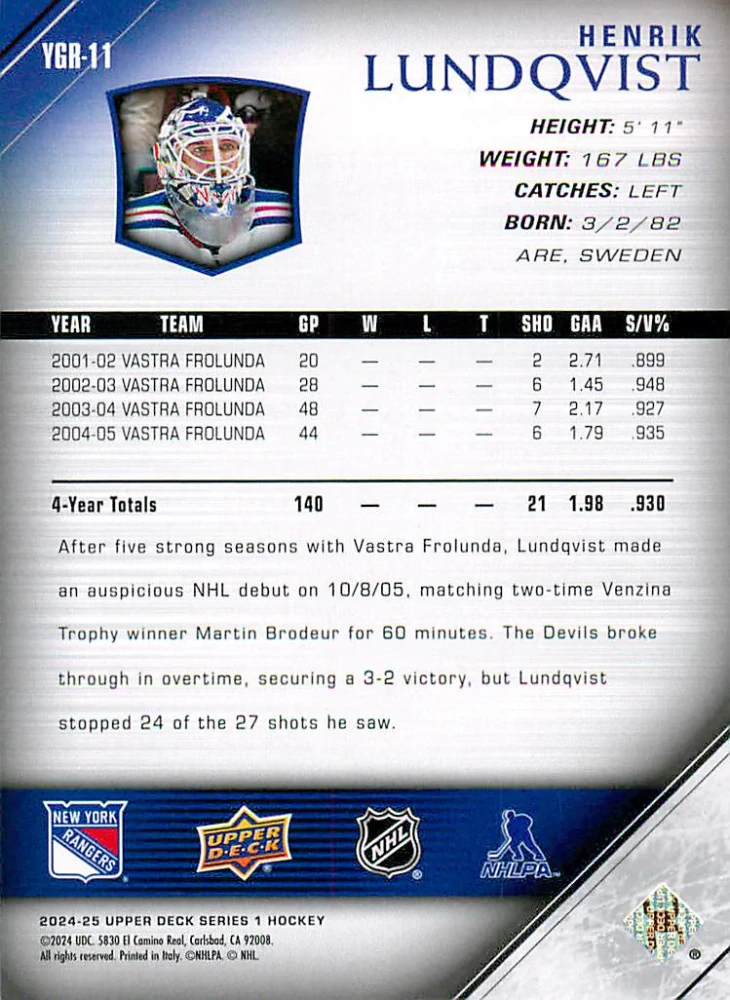 2024-25 UD Series 1 - Henrik Lundqvist - Young Guns Renewed #YGR-11