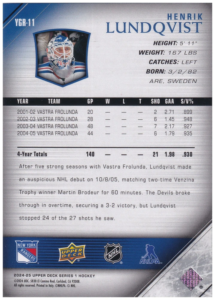 2024-25 UD Series 1 - Henrik Lundqvist - Young Guns Renewed #YGR-11
