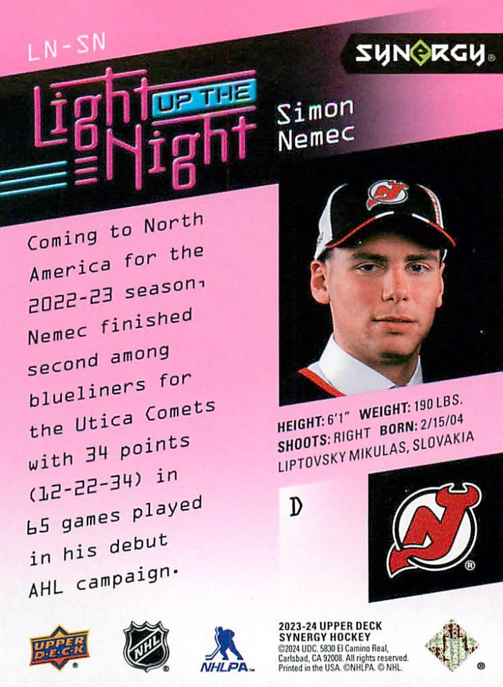 2023-24 UD Synergy - Šimon Němec - Light Up The Night Pink /699 #LN-SN