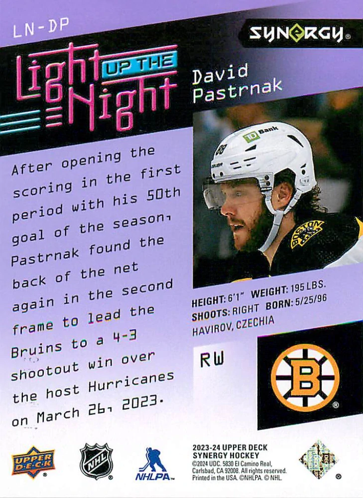 2023-24 UD Synergy - David Pastrňák - Light Up The Night /999 #LN-DP