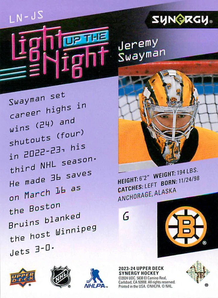 2023-24 UD Synergy - Jeremy Swayman - Light Up The Night /999 #LN-JS