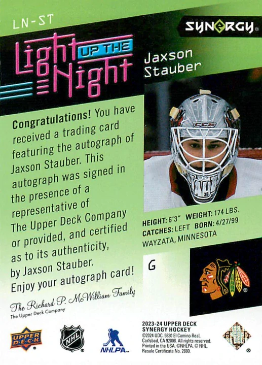 2023-24 UD Synergy - Jaxson Stauber - Light Up The Night Green Autograph /149 #LN-ST