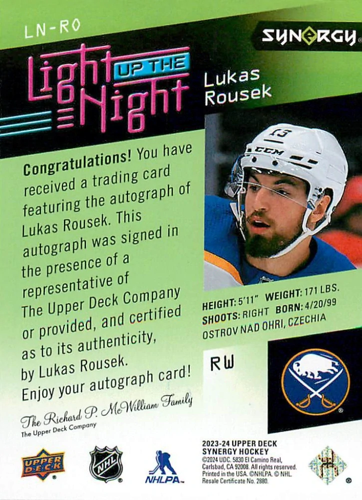 2023-24 UD Synergy - Lukáš Rousek - Light Up The Night Green Autograph /149 #LN-RO