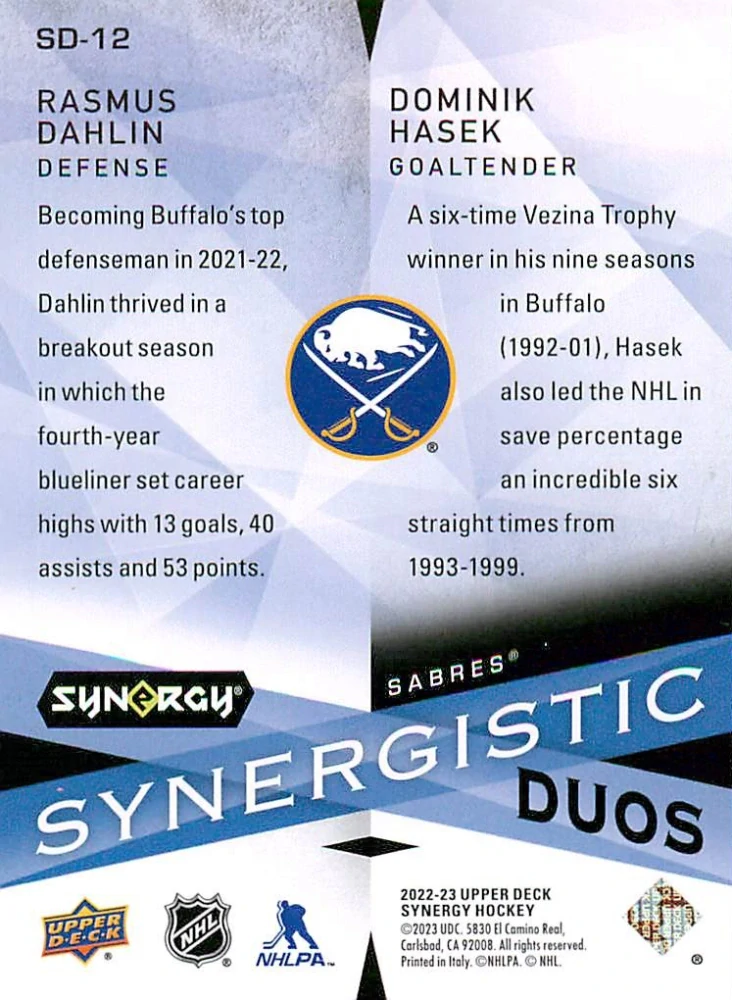 2022-23 UD Synergy - Rasmus Dahlin, Dominik Hašek - Synergistic Duos /699 #SD-12