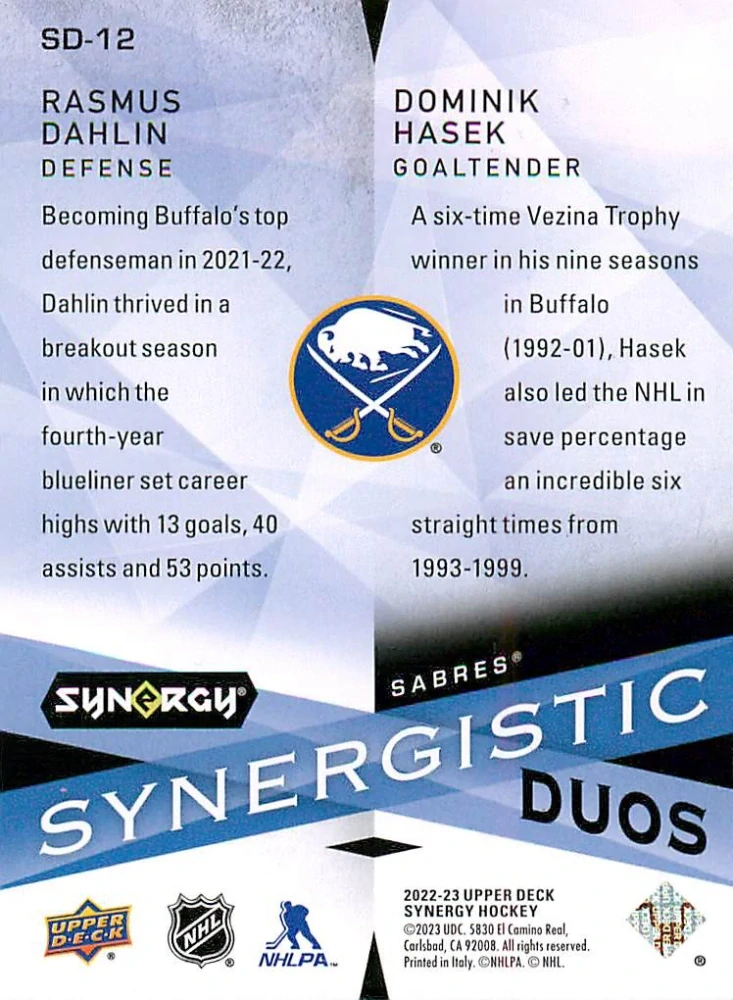 2022-23 UD Synergy - Rasmus Dahlin, Dominik Hašek - Synergistic Duos Red /499 #SD-12