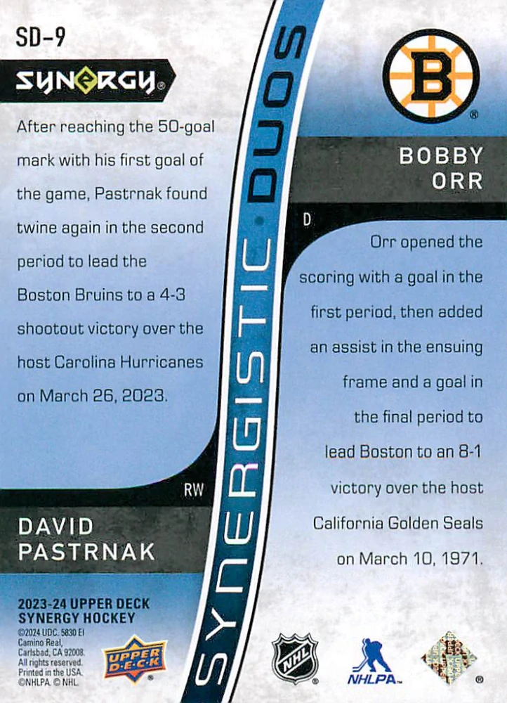 2023-24 UD Synergy - David Pastrňák, Bobby Orr - Synergistic Duos Green /399 #SD-9