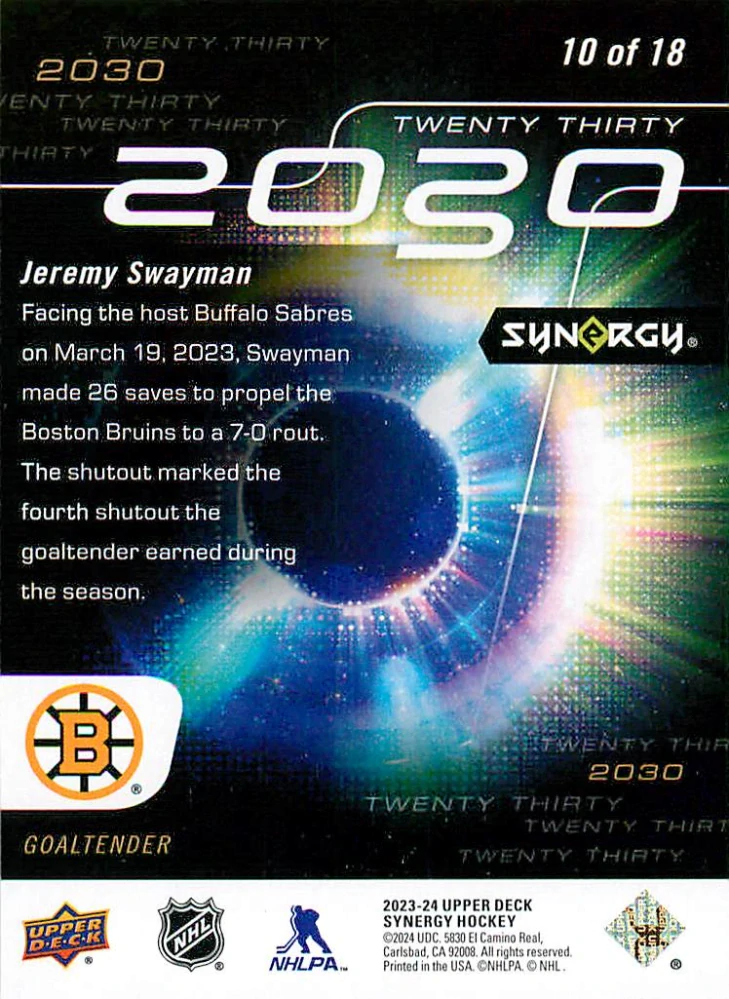 2023-24 UD Synergy - Jeremy Swayman - 2030 #10