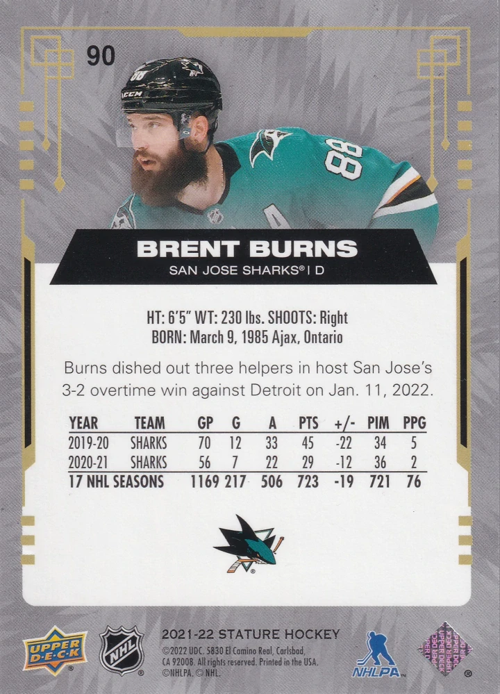 2021-22 UD Stature - Brent Burns #90
