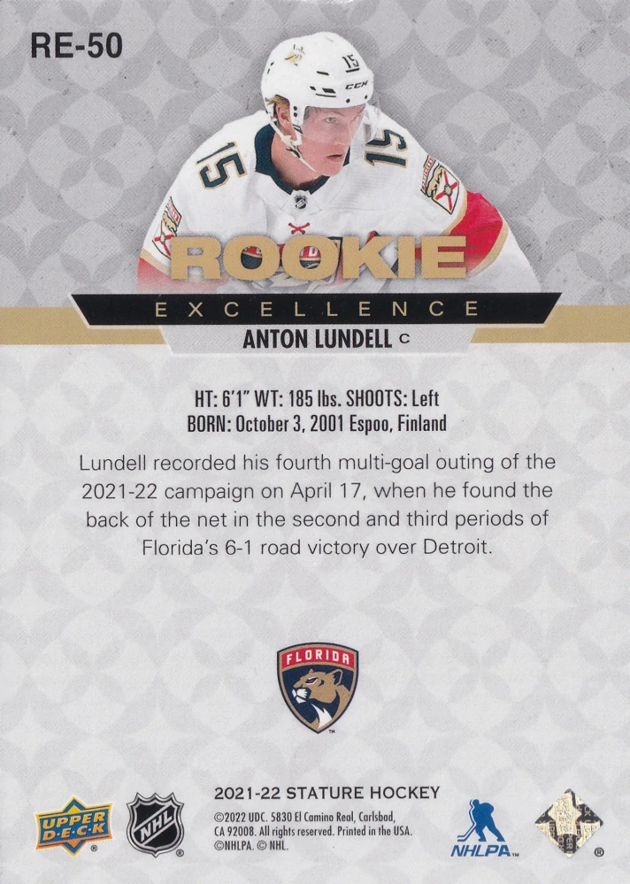 2021-22 UD Stature - Anton Lundell - Rookie Excellence #RE-50
