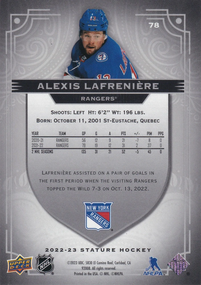 2022-23 UD Stature - Alexis Lafreniere #78