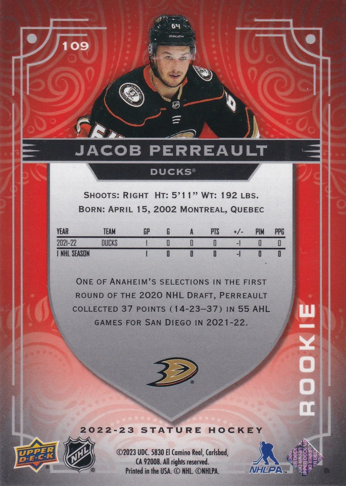 2022-23 UD Stature - Jacob Perreault - Rookie Orange /45 #109