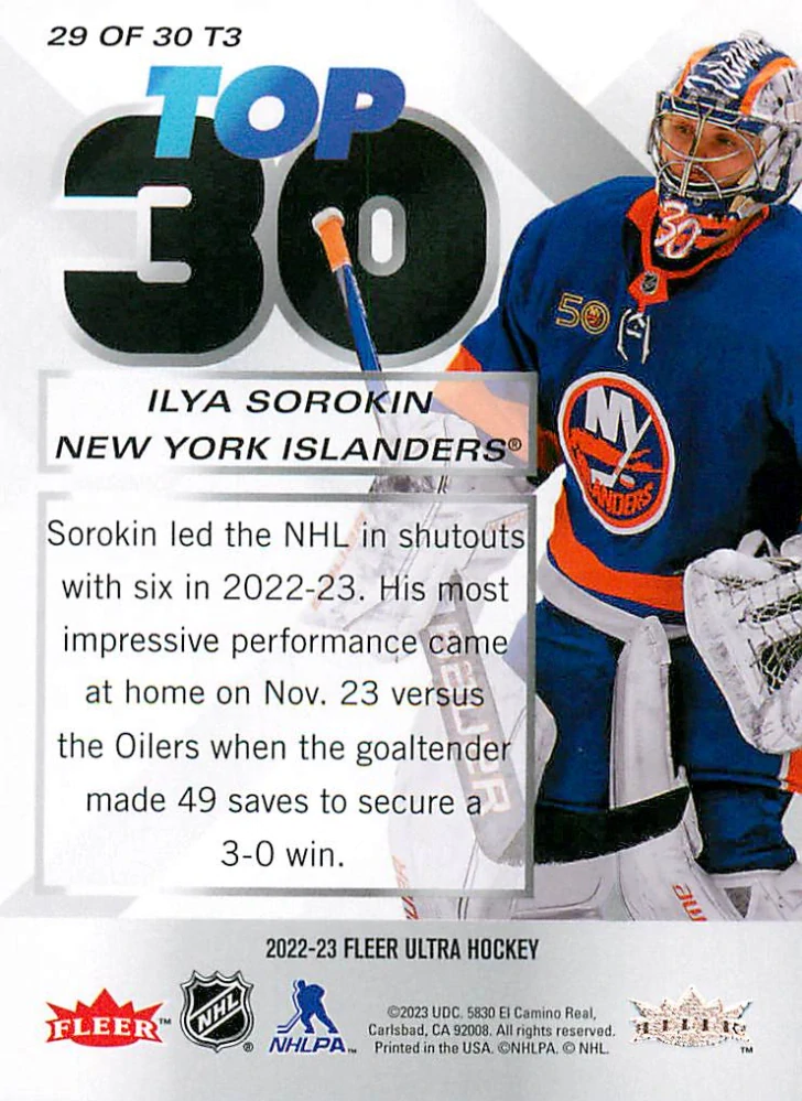 2022-23 UD Fleer Ultra - Ilya Sorokin - Top 30 #29