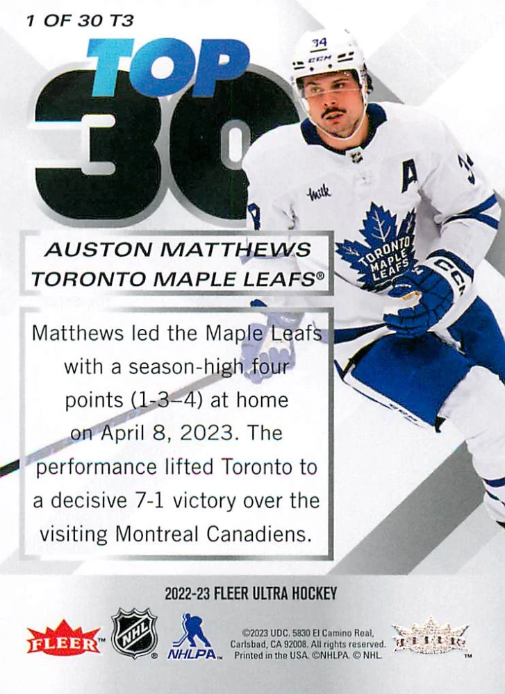 2022-23 UD Fleer Ultra - Auston Matthews - Top 30 #1