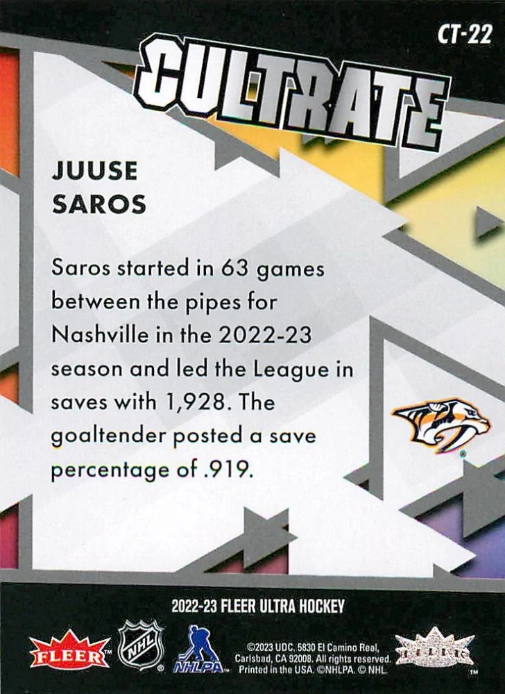 2022-23 UD Fleer Ultra - Juuse Saros - Cultrate #CT-22