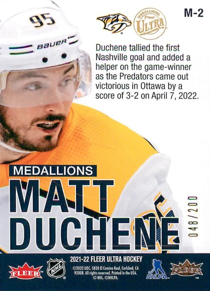 2021-22 UD Fleer Ultra - Matt Duchene - Medallions Gold /200 #M-2