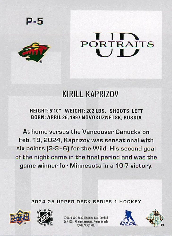 2024-25 UD Series 1 - Kirill Kaprizov - UD Portraits #P-5
