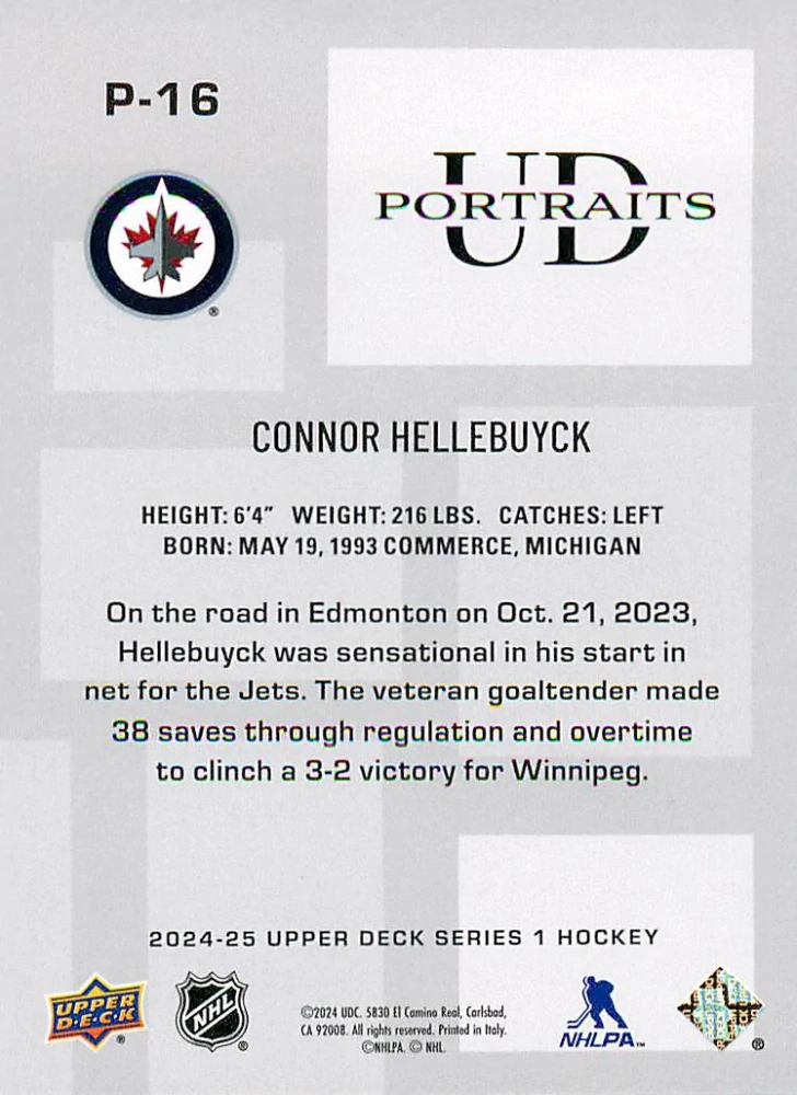 2024-25 UD Series 1 - Connor Hellebuyck - UD Portraits #P-16