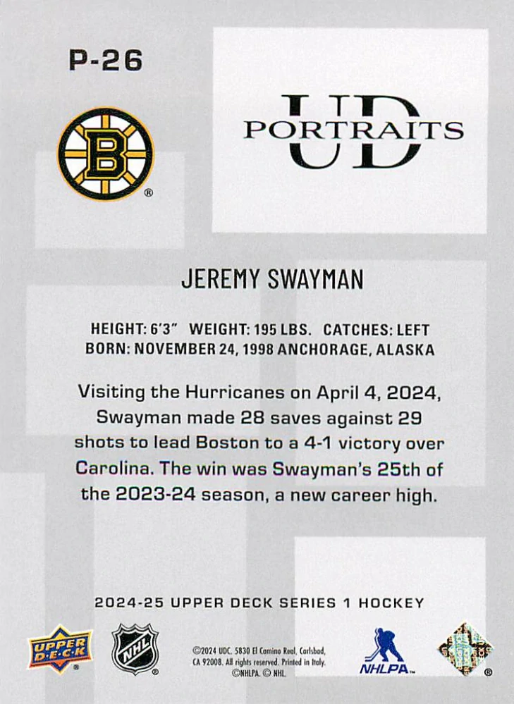 2024-25 UD Series 1 - Jeremy Swayman - UD Portraits #P-26