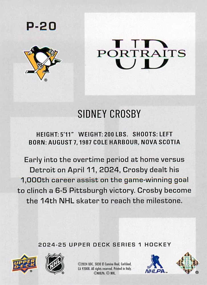 2024-25 UD Series 1 - Sidney Crosby - UD Portraits #P-20