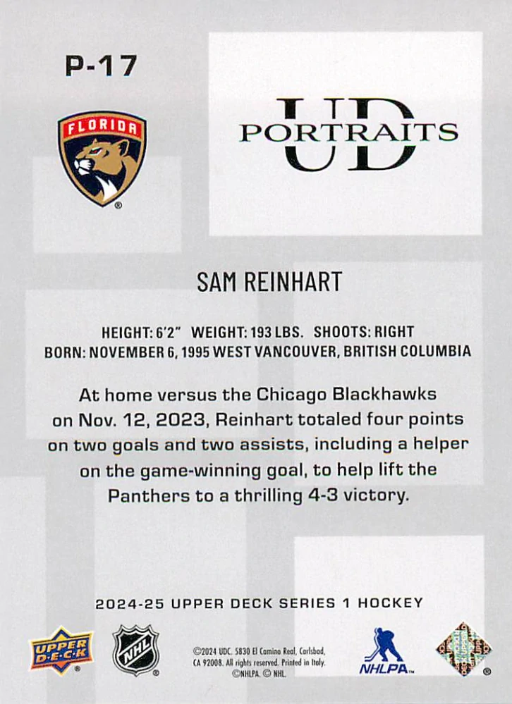 2024-25 UD Series 1 - Sam Reinhart - UD Portraits #P-17