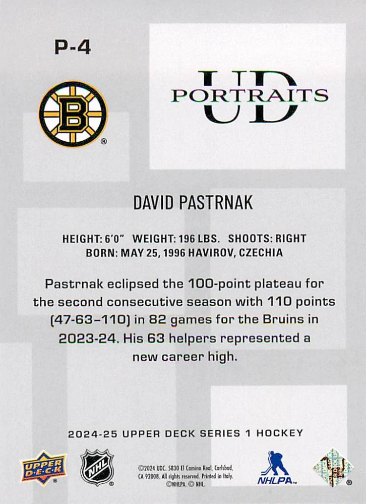 2024-25 UD Series 1 - David Pastrňák - UD Portraits #P-4