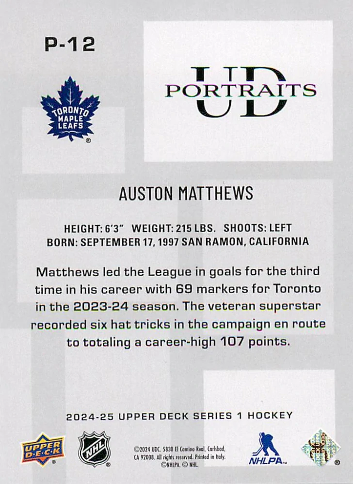 2024-25 UD Series 1 - Auston Matthews - UD Portraits #P-12