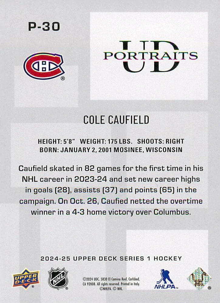 2024-25 UD Series 1 - Cole Caufield - UD Portraits #P-30