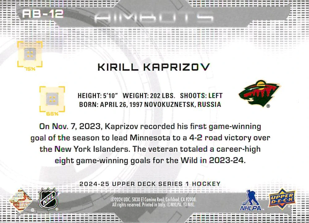 2024-25 UD Series 1 - Kirill Kaprizov - Aimbots #AB-12