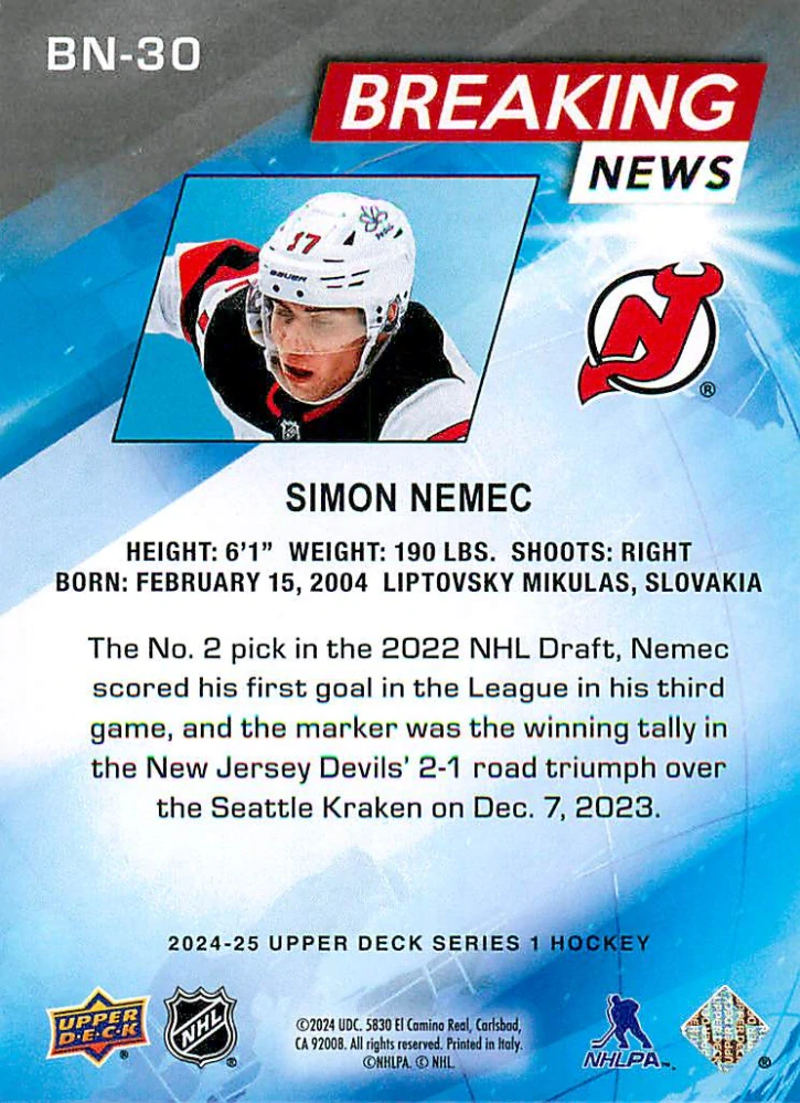 2024-25 UD Series 1 - Šimon Nemec - Breaking News #BN-30