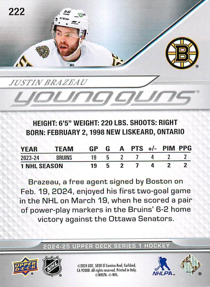 2024-25 UD Series 1 - Justin Brazeau - Young Guns #222