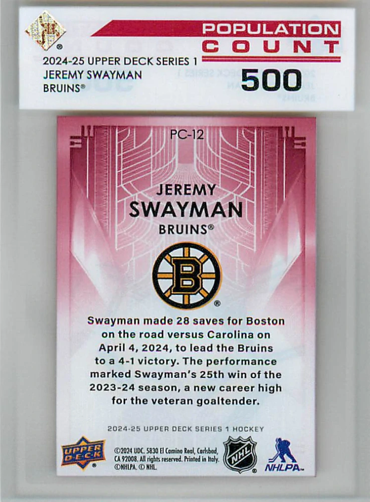 2024-25 UD Series 1 - Jeremy Swayman - Population Count 500 #PC-12