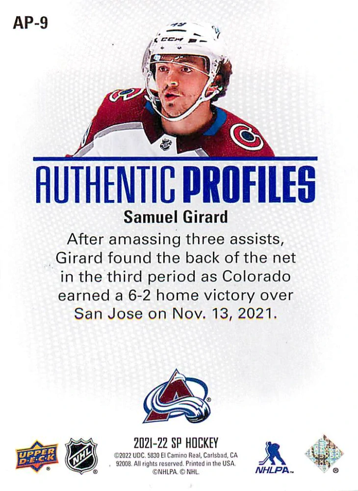 2021-22 UD SP - Samuel Girard - Authentic Profiles Blue #AP-9