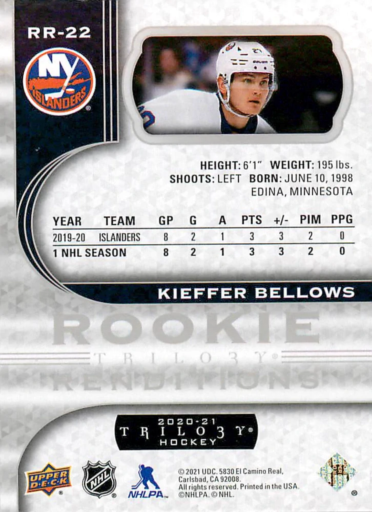 2020-21 UD Trilogy - Kieffer Bellows - Rookie Renditions #RR-22