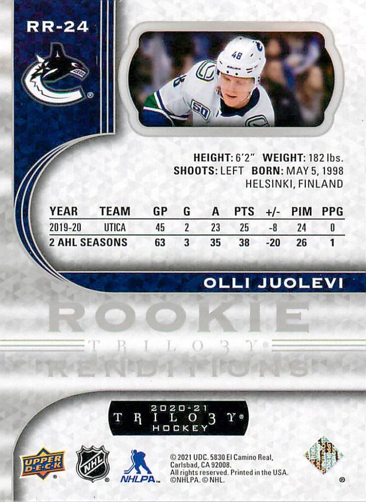 2020-21 UD Trilogy - Olli Juolevi - Rookie Renditions #RR-24