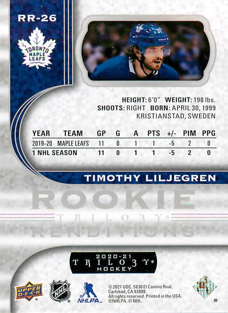 2020-21 UD Trilogy - Timothy Liljegren - Rookie Renditions #RR-26