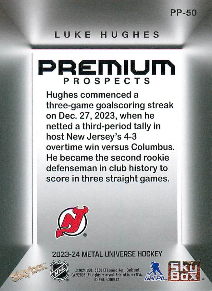 2023-24 UD Skybox Metal Universe - Luke Hughes - Premium Prospects #PP-50