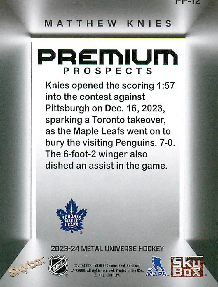 2023-24 UD Skybox Metal Universe - Matthew Knies - Premium Prospects #PP-12