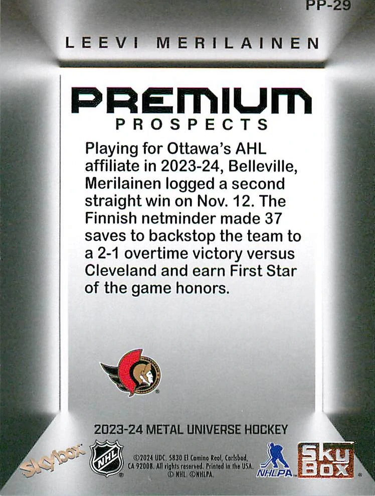 2023-24 UD Skybox Metal Universe - Leevi Merilainen - Premium Prospects #PP-29