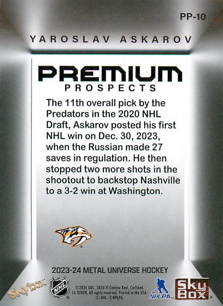 2023-24 UD Skybox Metal Universe - Yaroslav Askarov - Premium Prospects #PP-10