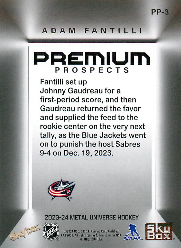 2023-24 UD Skybox Metal Universe - Adam Fantilli - Premium Prospects #PP-3