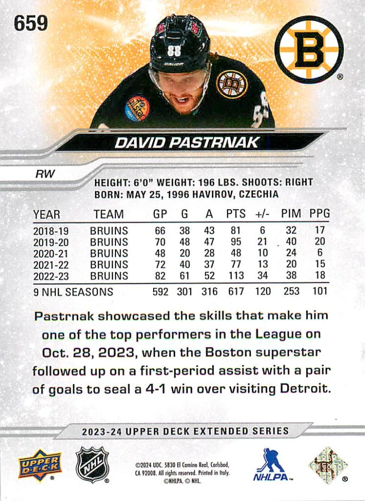 2023-24 UD Extended Series - David Pastrňák - Outburst #659