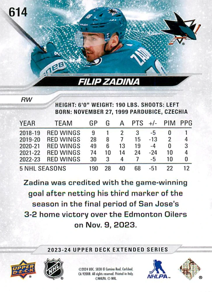 2023-24 UD Extended Series - Filip Zadina - Outburst #614