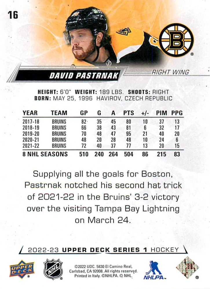 2022-23 UD Series 1 - David Pastrňák - Silver Foil #16