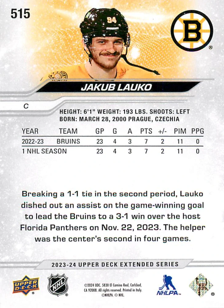 2023-24 UD Extended Series - Jakub Lauko - Silver Foil #515
