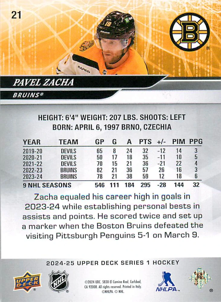 2024-25 UD Series 1 - Pavel Zacha - Silver Foil #21