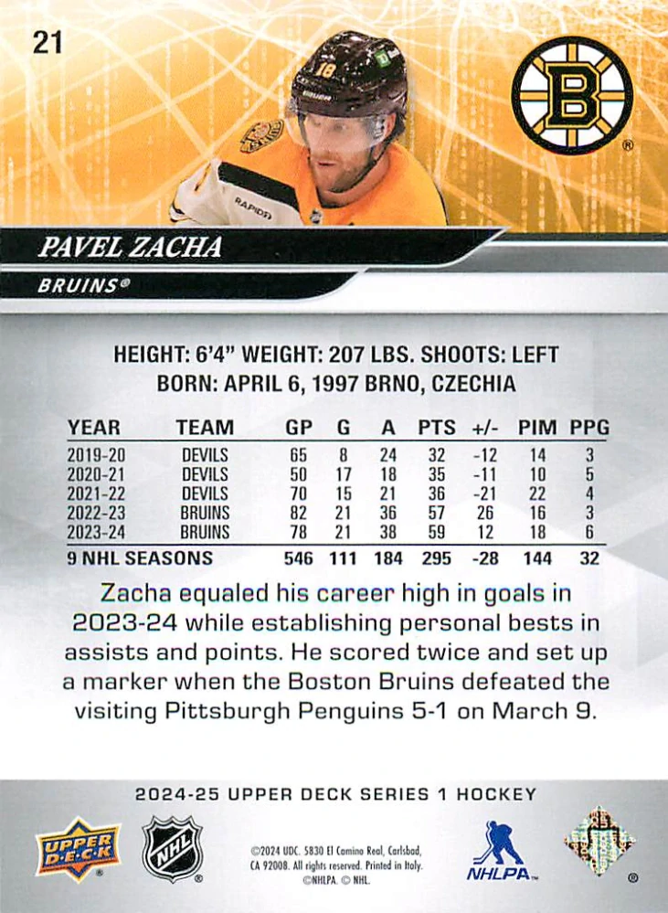 2024-25 UD Series 1 - Pavel Zacha - Deluxe /250 #21