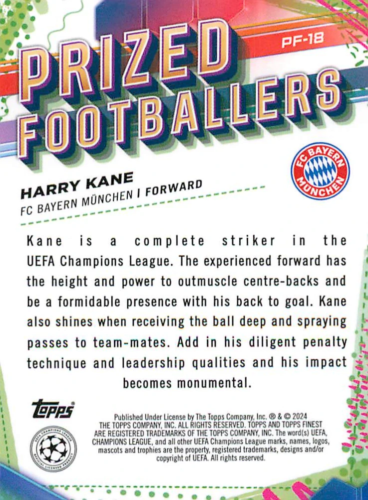 2023-24 Topps Finest UEFA Club Competitions - Harry Kane - Prized Footballers #PF-18