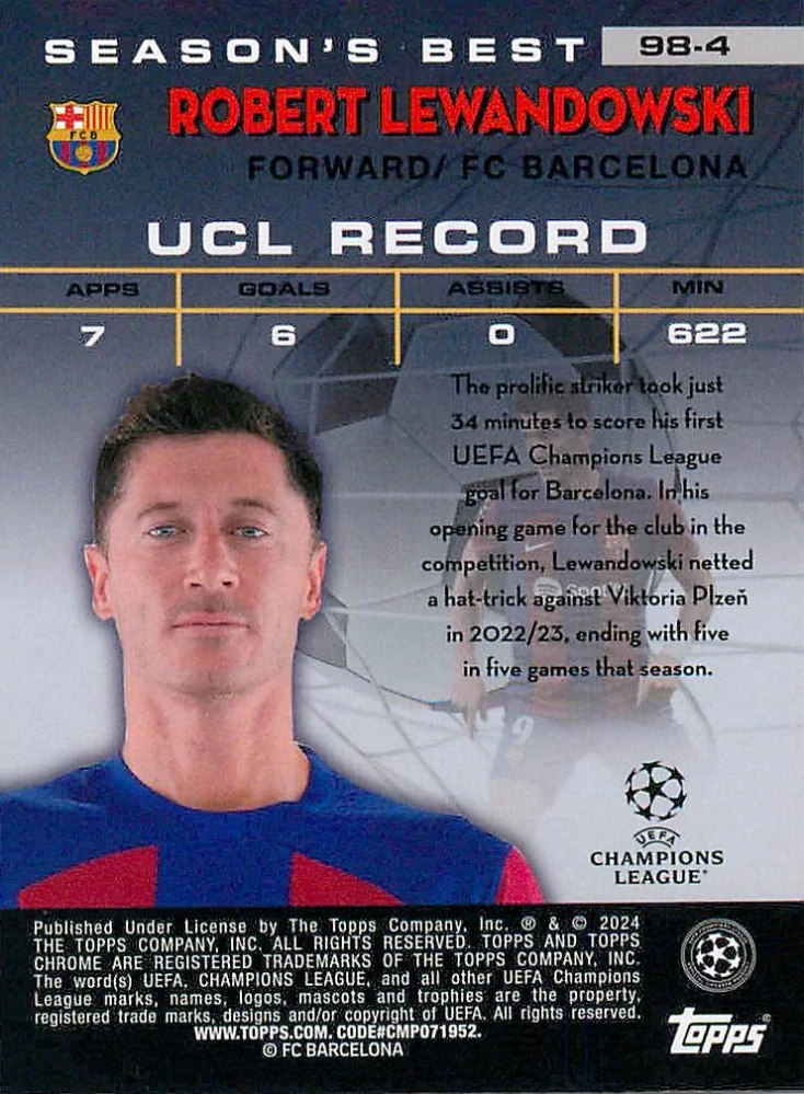 2023-24 Topps Chrome UEFA Club Competitions - Robert Lewandowski - 1998 Topps Chrome Shooting Stars #98-4