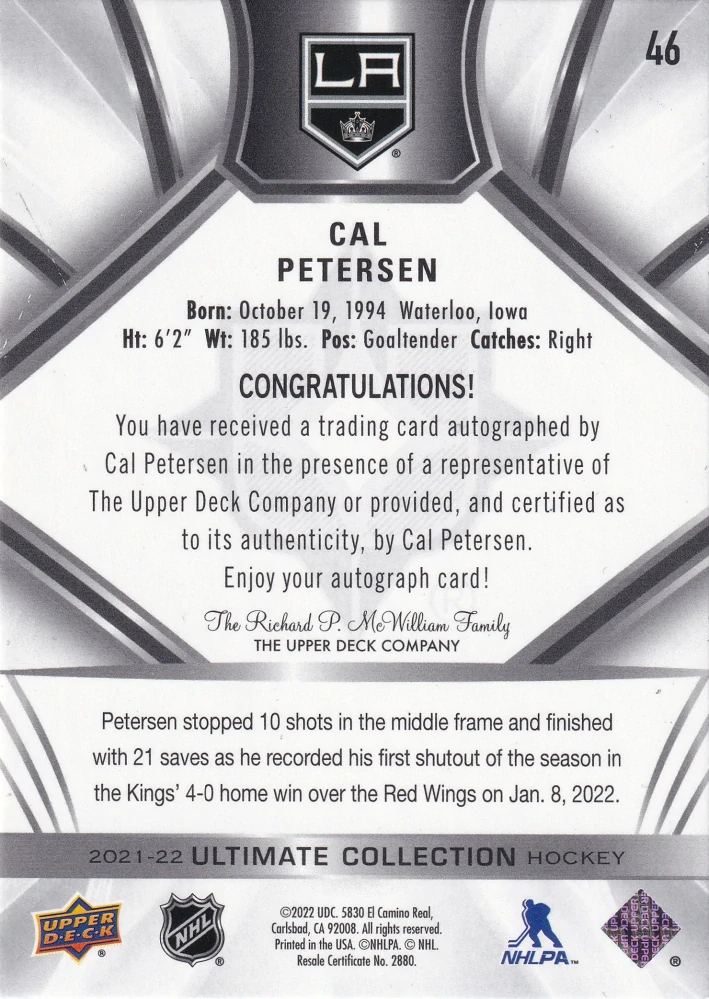 2021-22 UD Ultimate Collection - Cal Petersen - Autographs #46